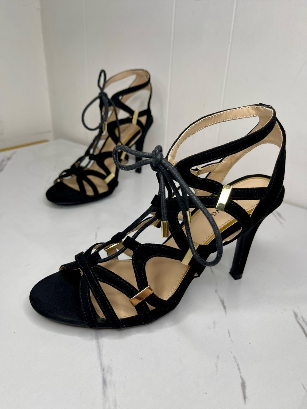 Call It Spring Black Lace-Up Strappy Heels with Gold Accents Sz 7 Party Cocktail